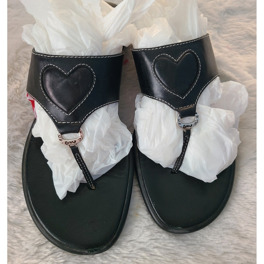Brighton June Black Leather Heart Thong Sandals Made in Italy Womens 8.5 M